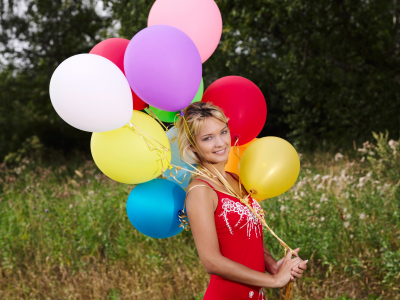девушка, природа, платье, воздушные шары