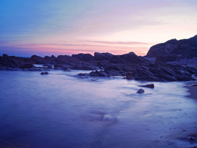 вода, камни, цвет, небо, фиолетовый, песок, берег, вечер, море