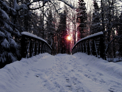 снег, мостик, закат, зима