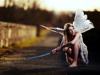 девушка-ангел, катана, дорога, крылья