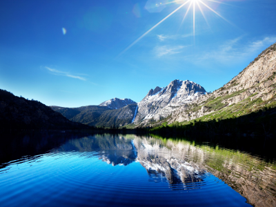 горы, пейзаж, солнце, небо, perfect highlands, ослепительное, голубое, отражение, lake mirror, озеро