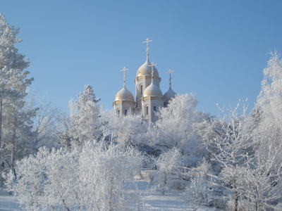 снег, зима, пейзаж, церкви, купола