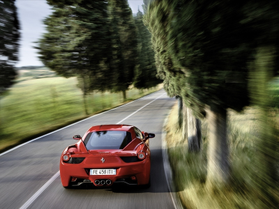 дорога, cars, драйв, движение, ferrari, деревья, скорость, f-458 italia