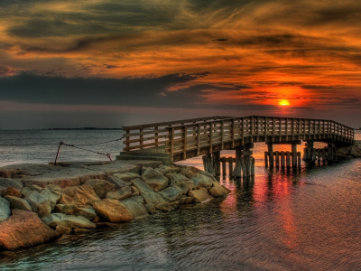 мост, природа, море, закат