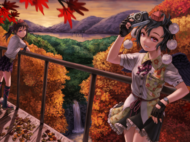 девочки, autumn beauty, цвета, деревья, водопад, опадающие, осень, яркие, листья, горы