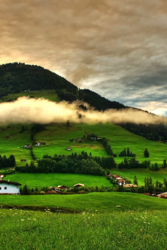 поля, холмы, зелень, деревья, пейзаж, небо, трава, деревня, горы, облака, дома
