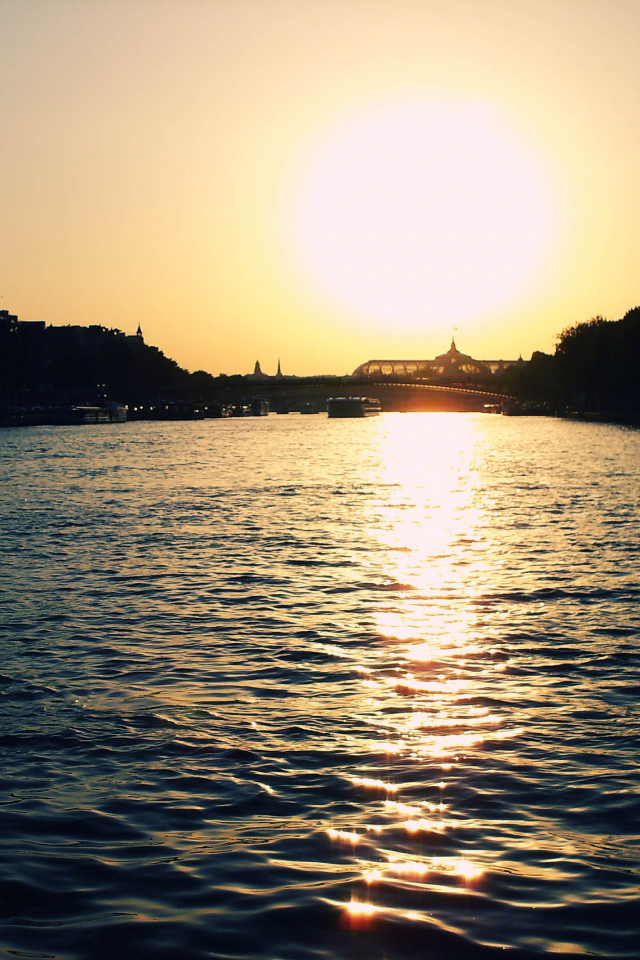 париж, мост, река, солнце, вода, закат, сена, корабль, франция