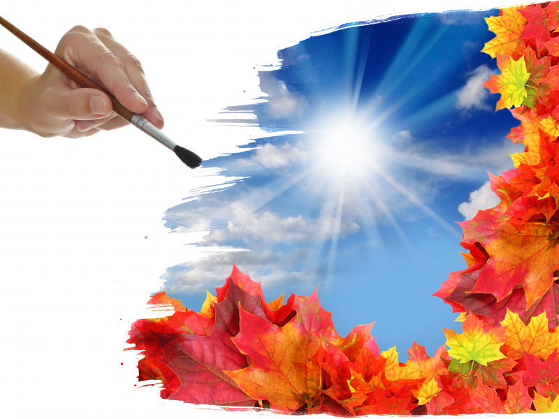 рисунок, рука, облака, кисть, листья, солнце, осень