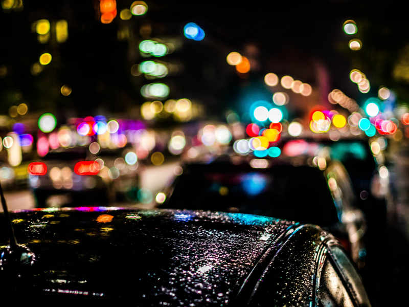 машины, дождь, боке, ночь, огни, город