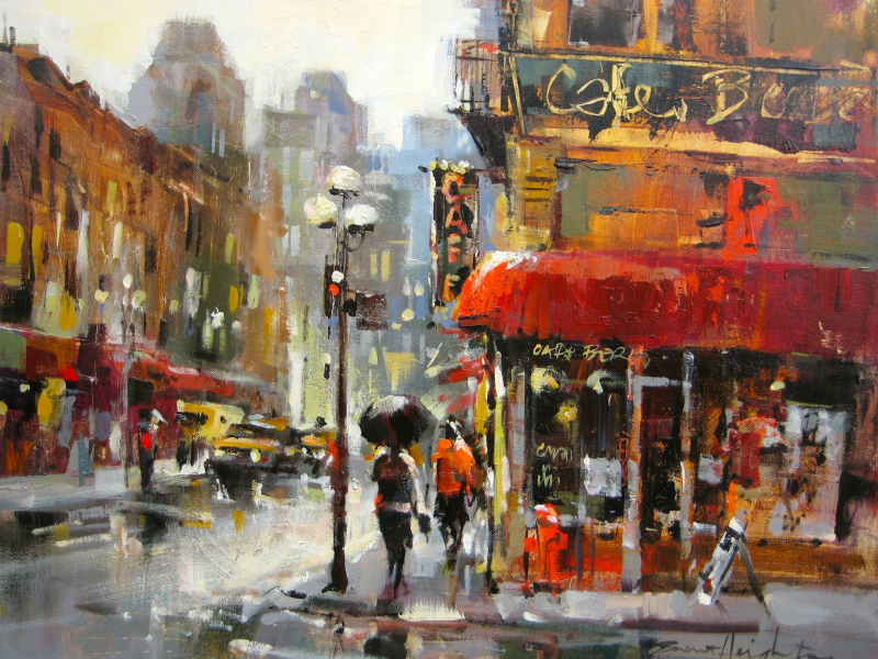 улица, brent heighton, город, дома, дорога, фонари, хмуро, дождь