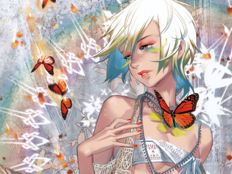 девушка, бабочка, блондинка, рука, midori foo (artist)
