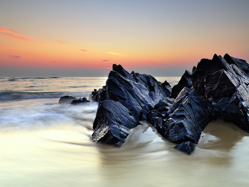 закат, море, вода, камни