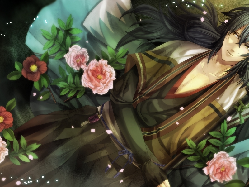 катана, hakuouki, парень, меч, цветы, лепестки
