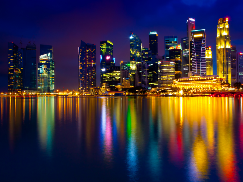 вода, ночь, здания, singapore, дома, сингапур, отражение, огни