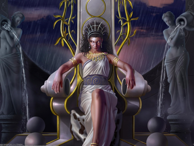 вода, дождь, богиня, девушка, трон, взгляд, арт, сидит, toni rodriguez, статуи