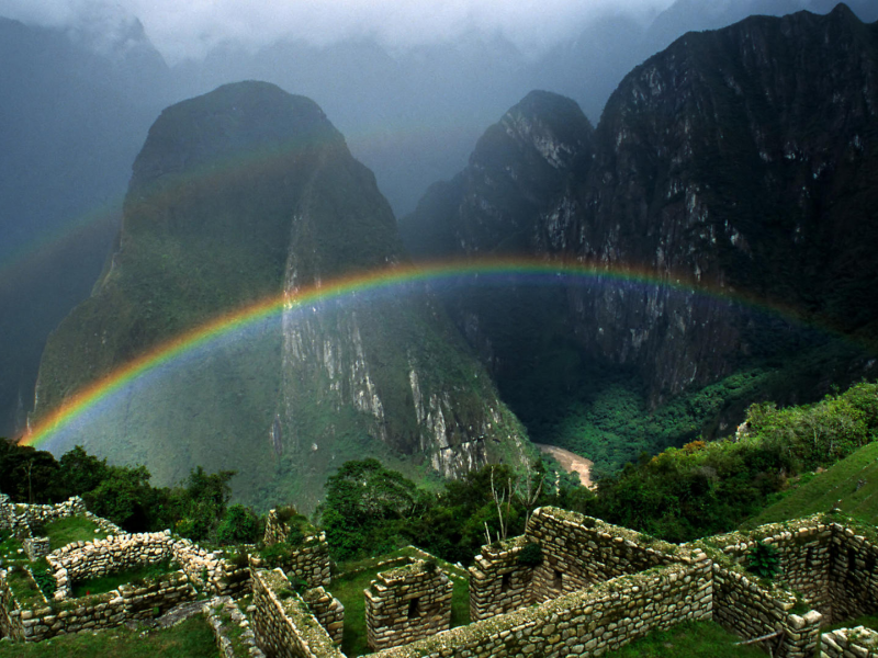 пейзаж, горы, ruins, зелень, mountains, rainbow, 1920x1080, радуга, landscape, greenery, руины, nature, природа