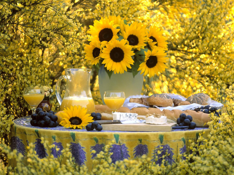 сок, цветы, виноград, природа, желтый, подсолнухи, стол