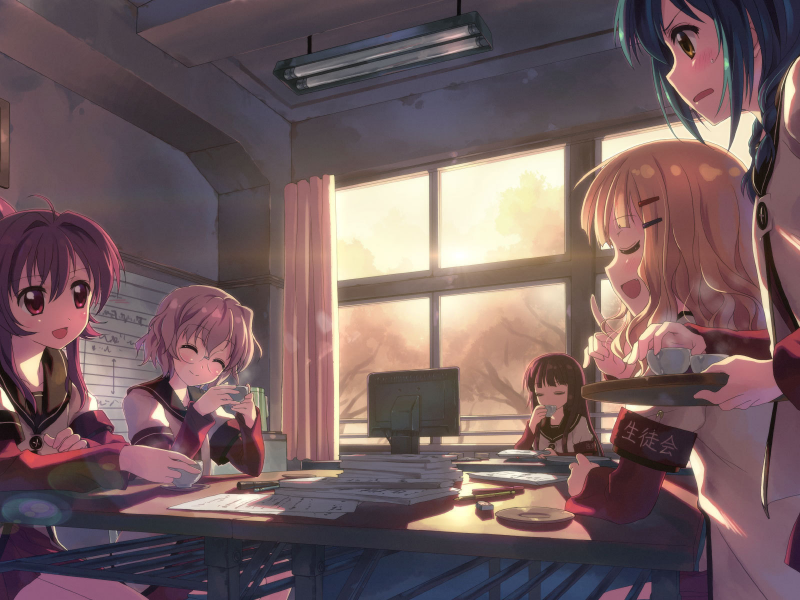 чаепитие, девочки, закат, школьная форма, yuruyuri, комната, компьютер
