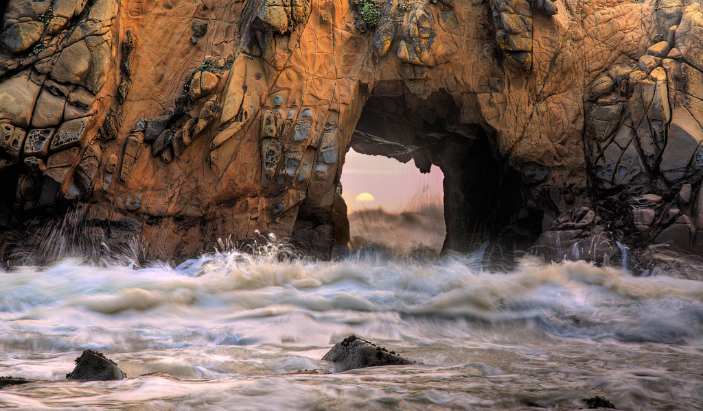 море, арка, камни, big sur, california, pfeiffer beach, скала, волны