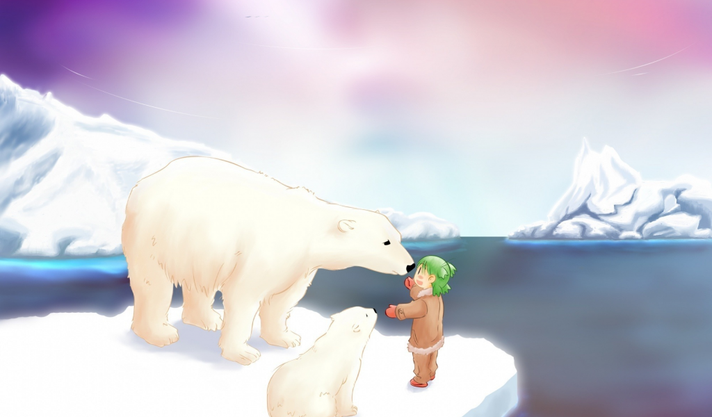 белый медведь, умка, снег, полюс, аниме