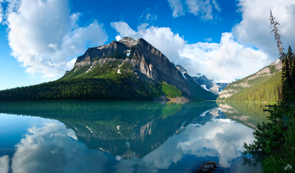 wood, пейзаж, lake, облака, горы, отражение, higlands, синее, озеро, небо