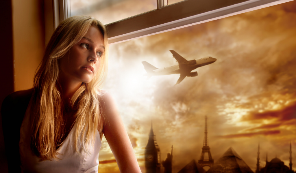 блондинка, самолёт, окно