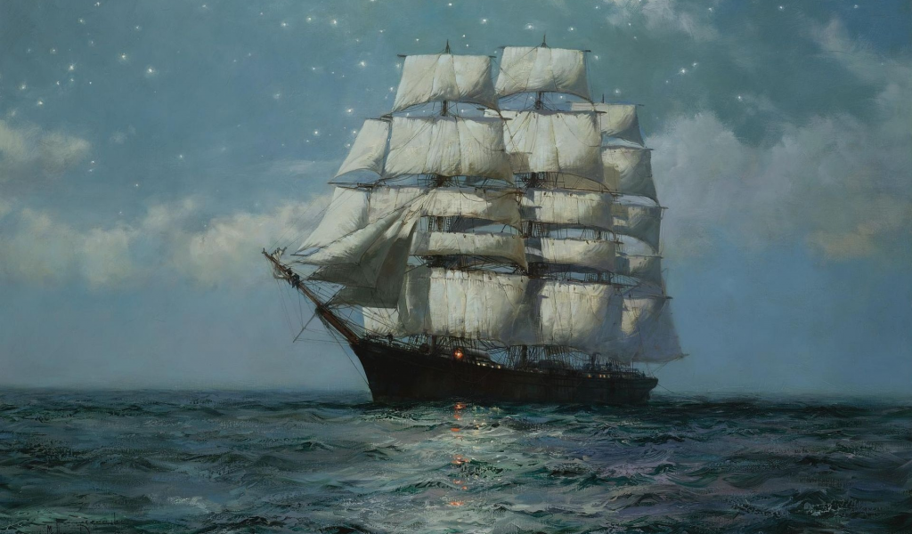 звёздное небо, clipper ship, штиль, звёзды, montague dawson, море, парусник, клипер, moonlit sea