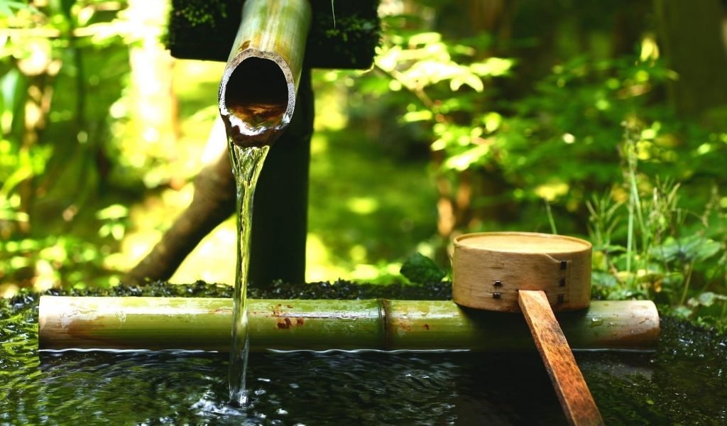 зелень, бамбуковый, ковш, тсукубаи, вода, японский сад, камень