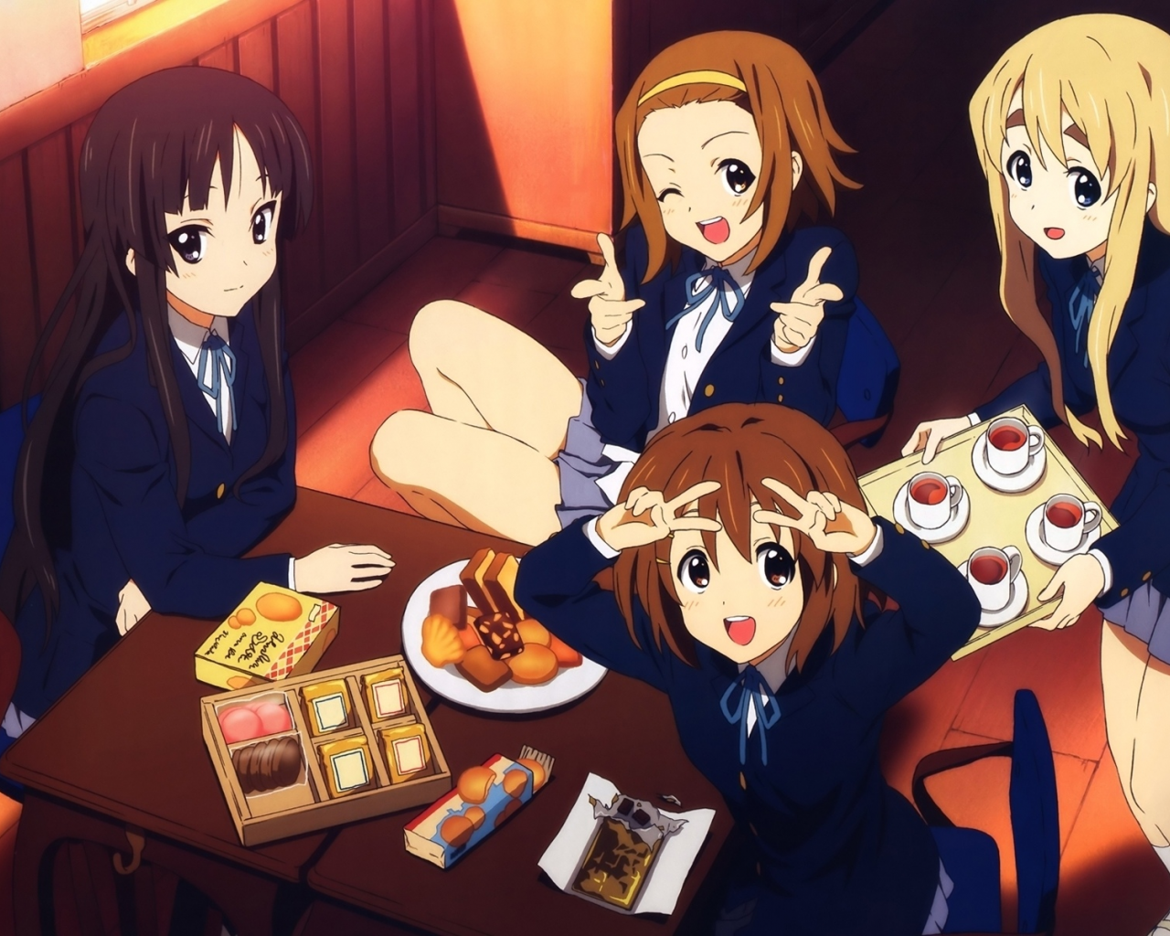 стол, девушки, k-on, чай, сладости, настроение, школьницы