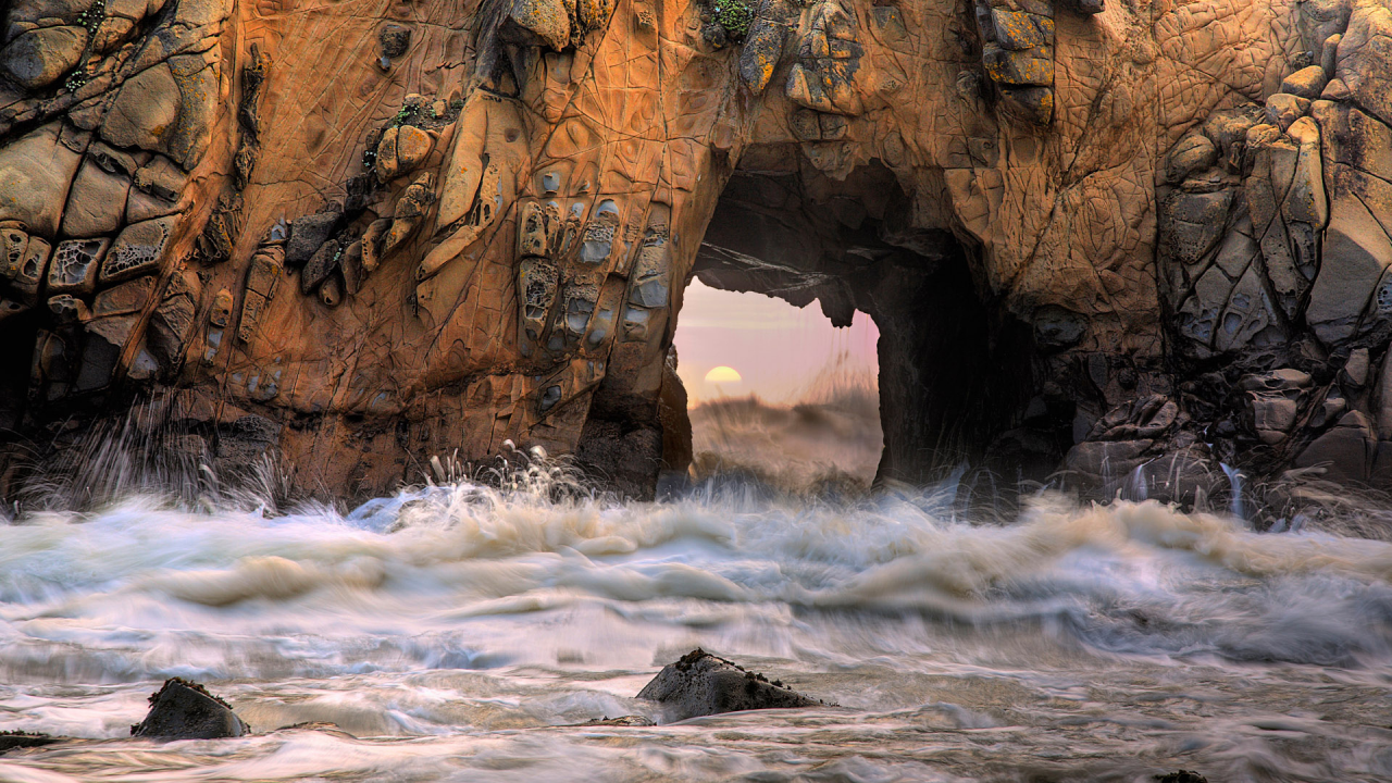 море, арка, камни, big sur, california, pfeiffer beach, скала, волны