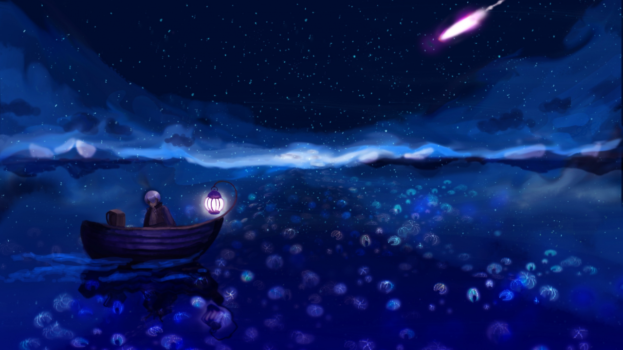 лодка, ночь, фонарь, мальчик