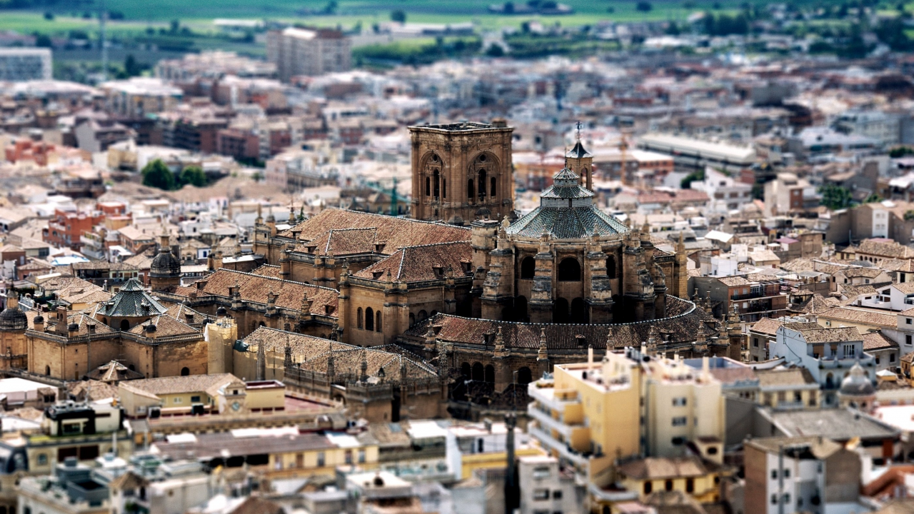 granada cathedral, крыши, church, buildings, дома, tilt-shift