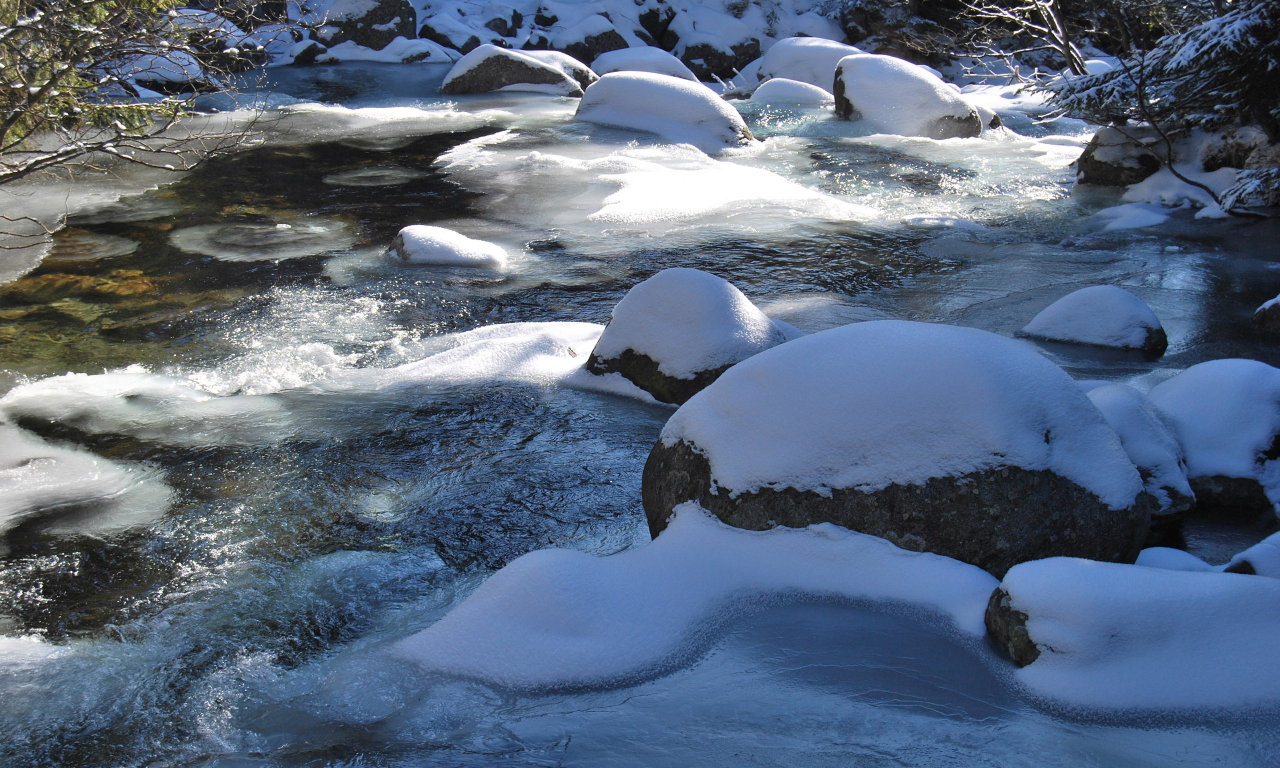 снег, река, камни, мороз, лёд