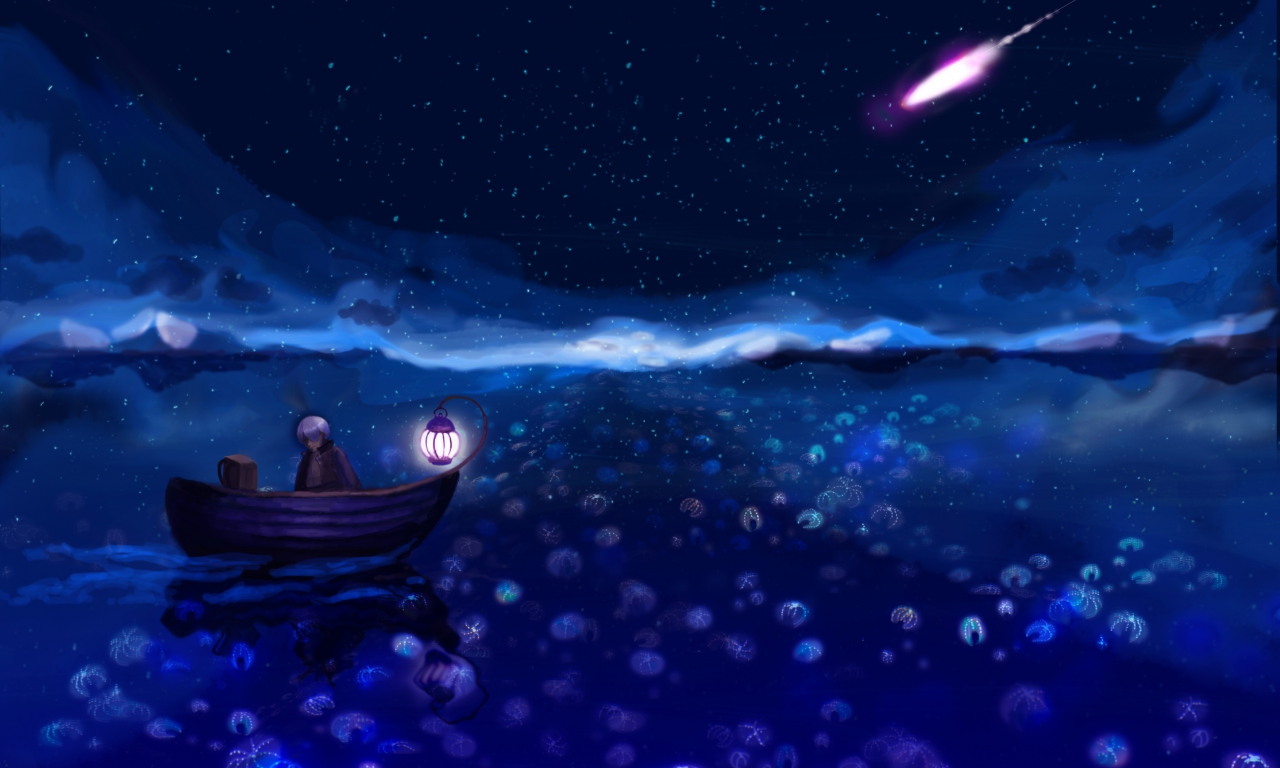 лодка, ночь, фонарь, мальчик
