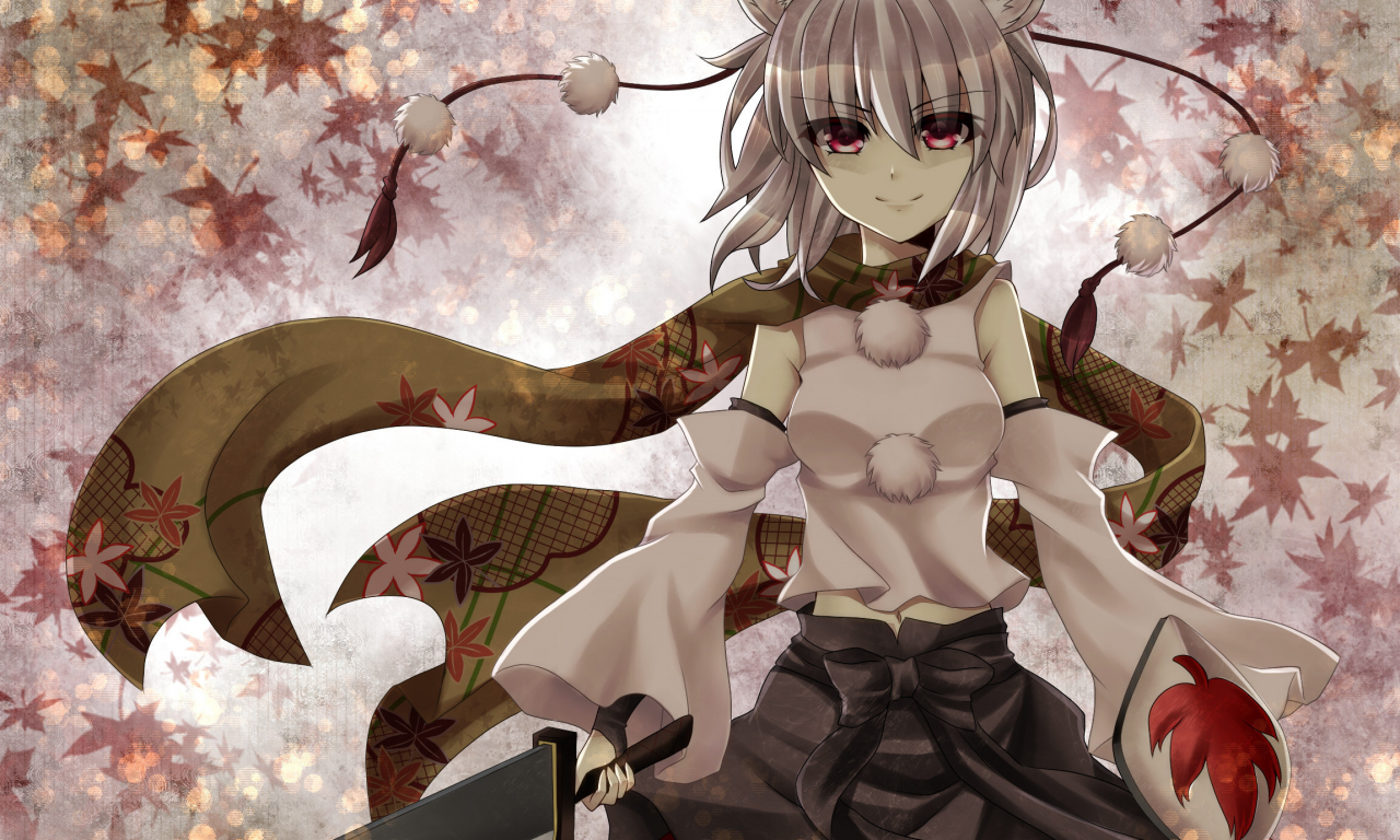 уши, ikeda hazuki, девушка, меч, touhou, листья, неко, щит, inubashiri momiji, шарф