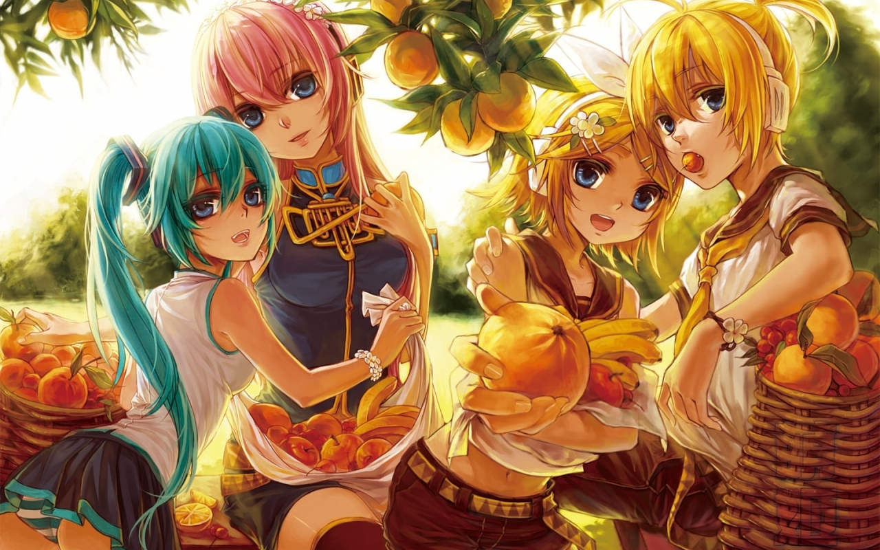 vocaloid, апельсины, фрукты, kagamine len, урожай, kagamine rin, деревья, megurine luka, hatsune miku