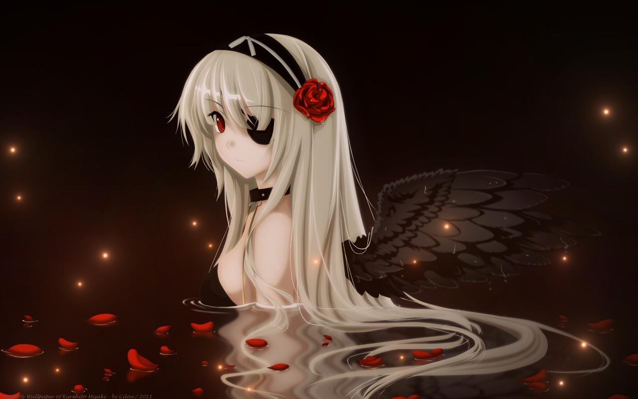 девушка, вода, темный ангел, крылья, лепестки, роза