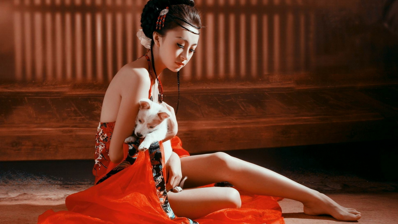 девушка, кимоно, красота, изящно, заколка, собака, ножки, красное, гейша, япония, песик, восток