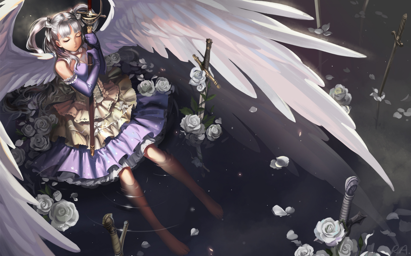 крылья, eternita, оружие, меч, девушка, розы, аниме