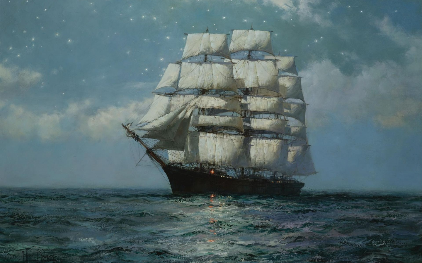 звёздное небо, clipper ship, штиль, звёзды, montague dawson, море, парусник, клипер, moonlit sea