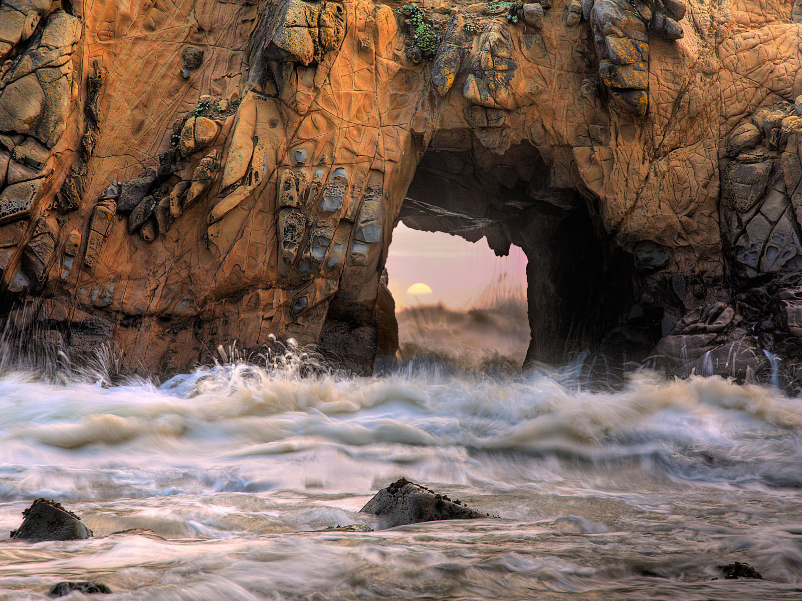 море, арка, камни, big sur, california, pfeiffer beach, скала, волны