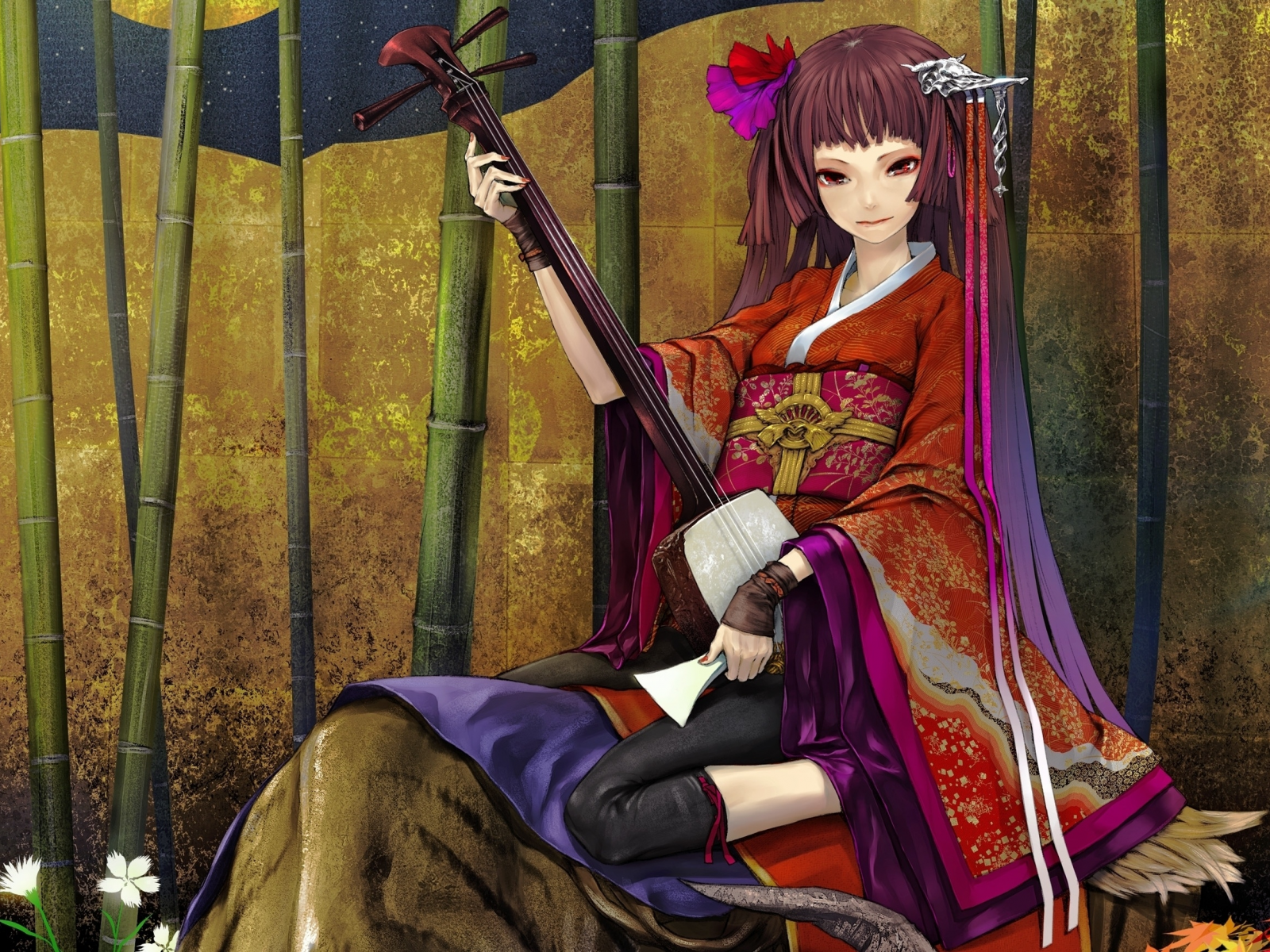 лента, бамбук, кимоно, девушка, цветок, музыкальный инструмент