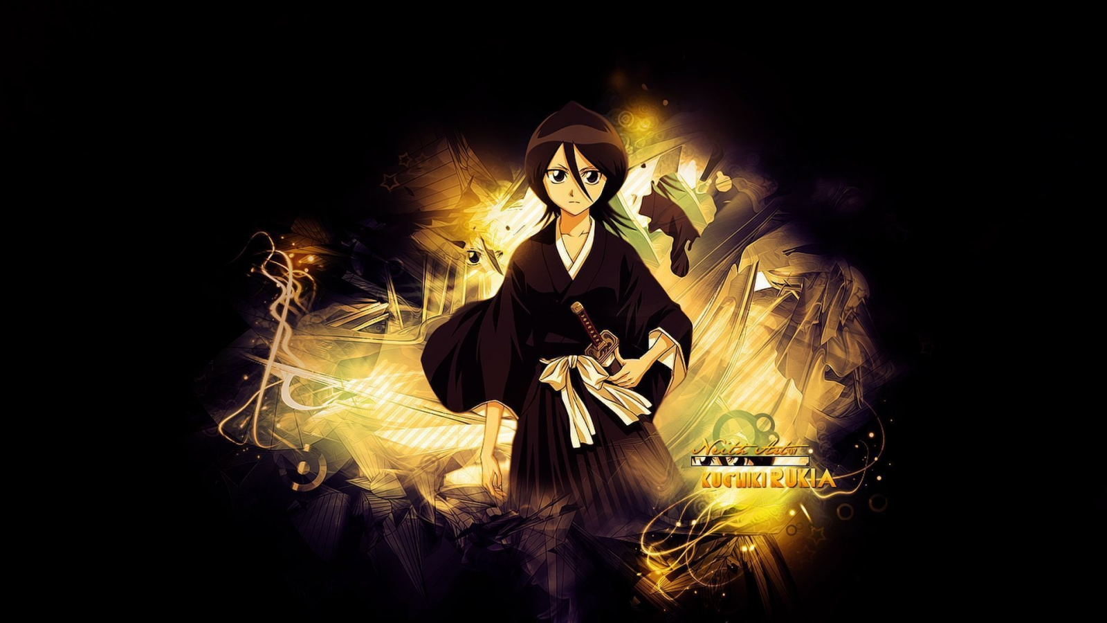 блич, rukia kuchiki, синигами, арт, меч, кимоно, дзанпакто, girl, bleach, рукия кучики, черный фон, девушка