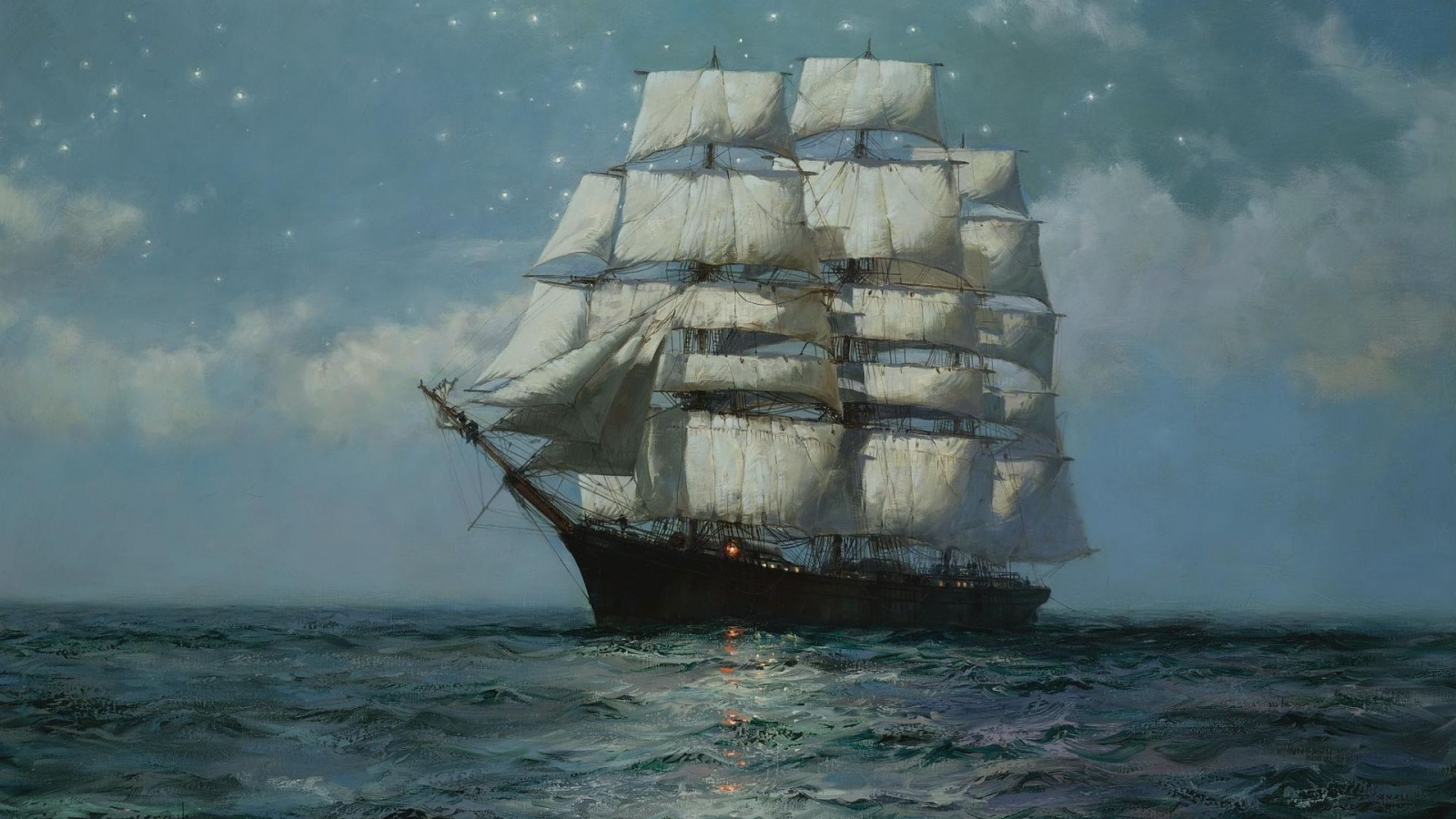 звёздное небо, clipper ship, штиль, звёзды, montague dawson, море, парусник, клипер, moonlit sea