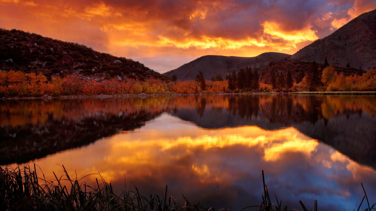 горы, зеркало, озеро, осень, закат