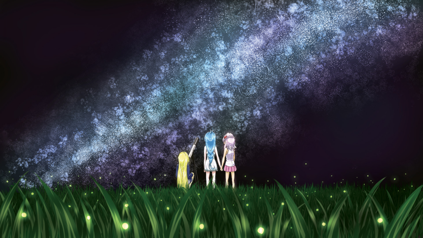 светлячки, телескоп, трава, звёзды, млечный путь, луг, девочки