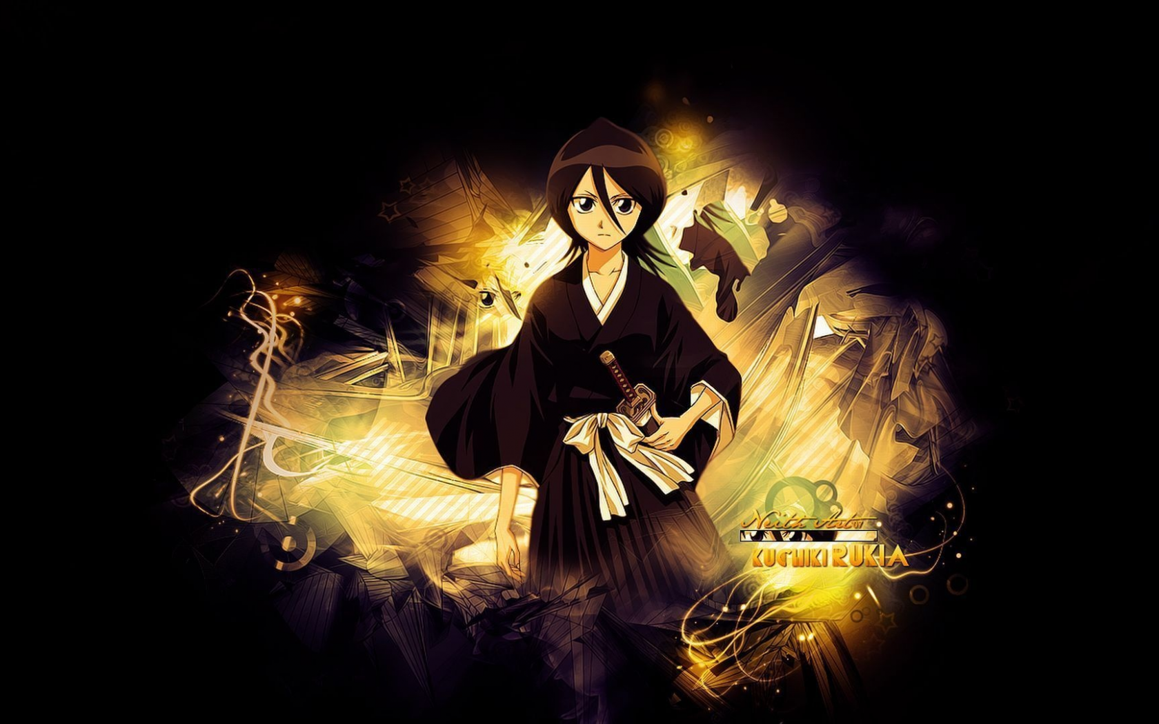 блич, rukia kuchiki, синигами, арт, меч, кимоно, дзанпакто, girl, bleach, рукия кучики, черный фон, девушка