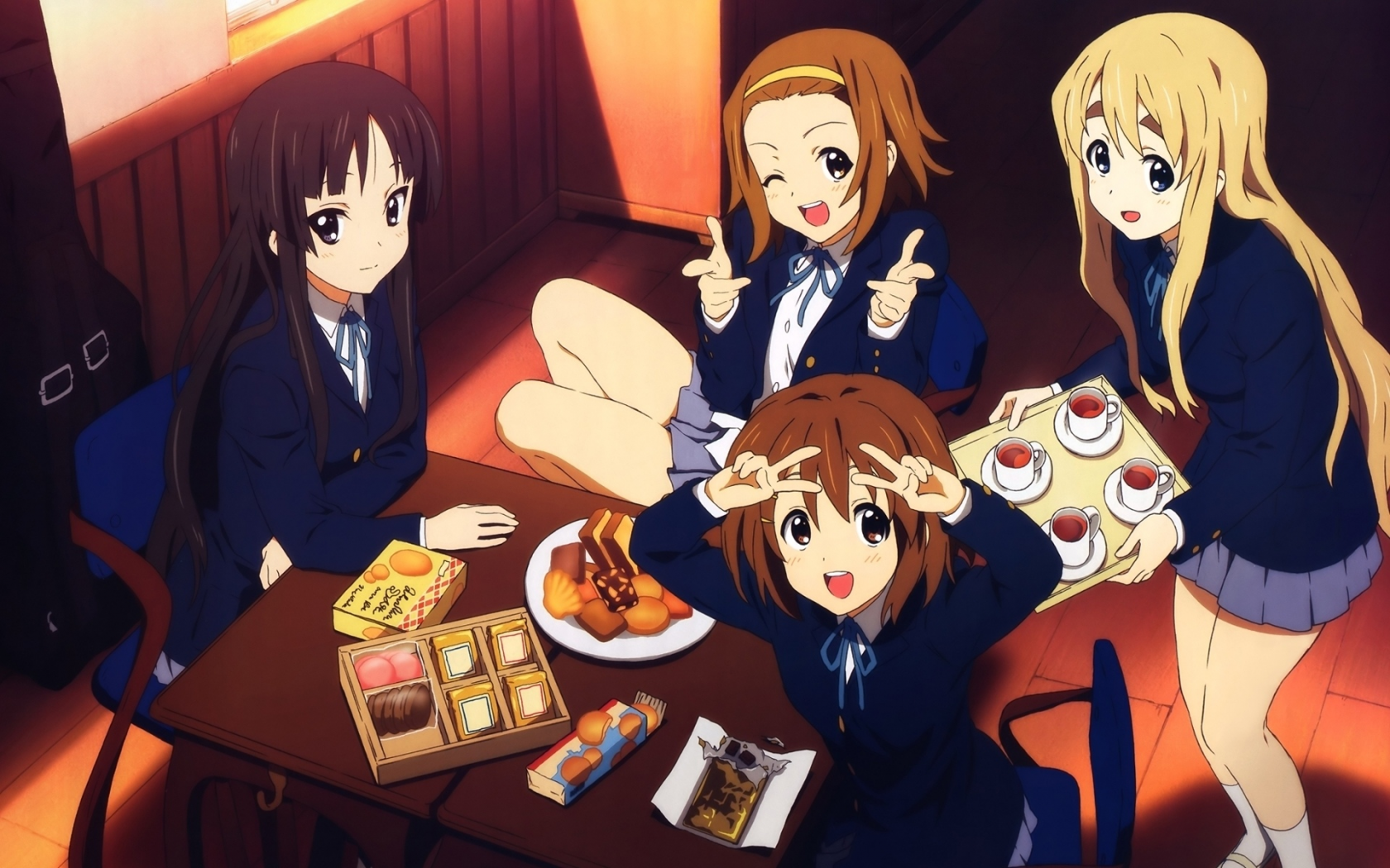 стол, девушки, k-on, чай, сладости, настроение, школьницы