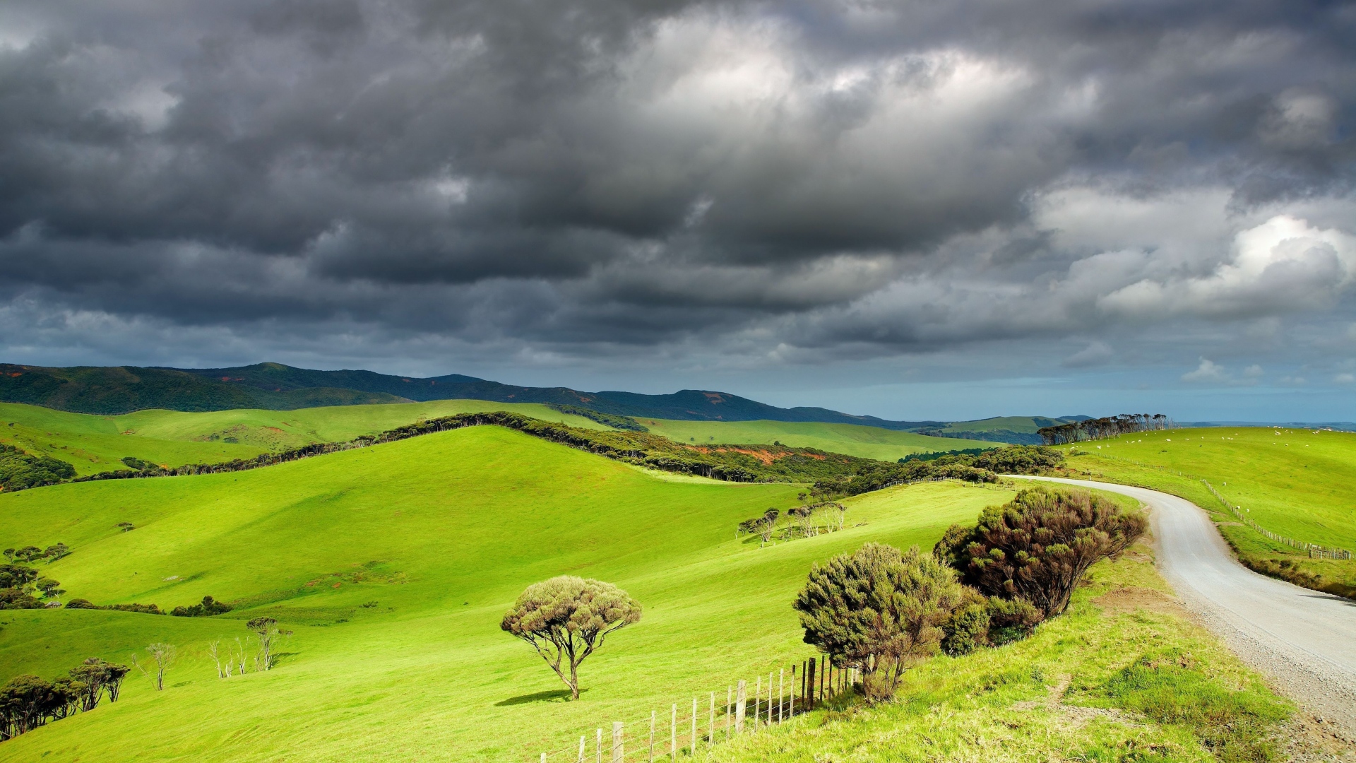 долина, пейзаж, thundercloud, тучи, деревья, горы, грозовые, valley, дорога, простор