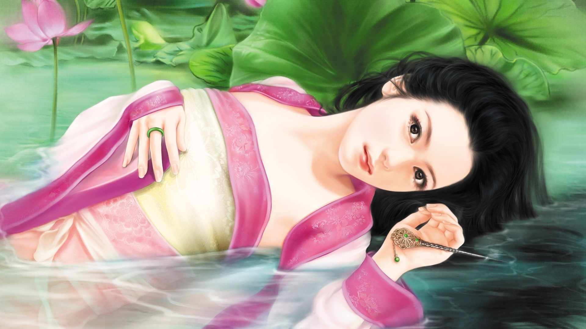 wen chen yen, арт, лежит, цветы, кольцо, кувшинки, девушка, листья, пруд, кимоно, вода